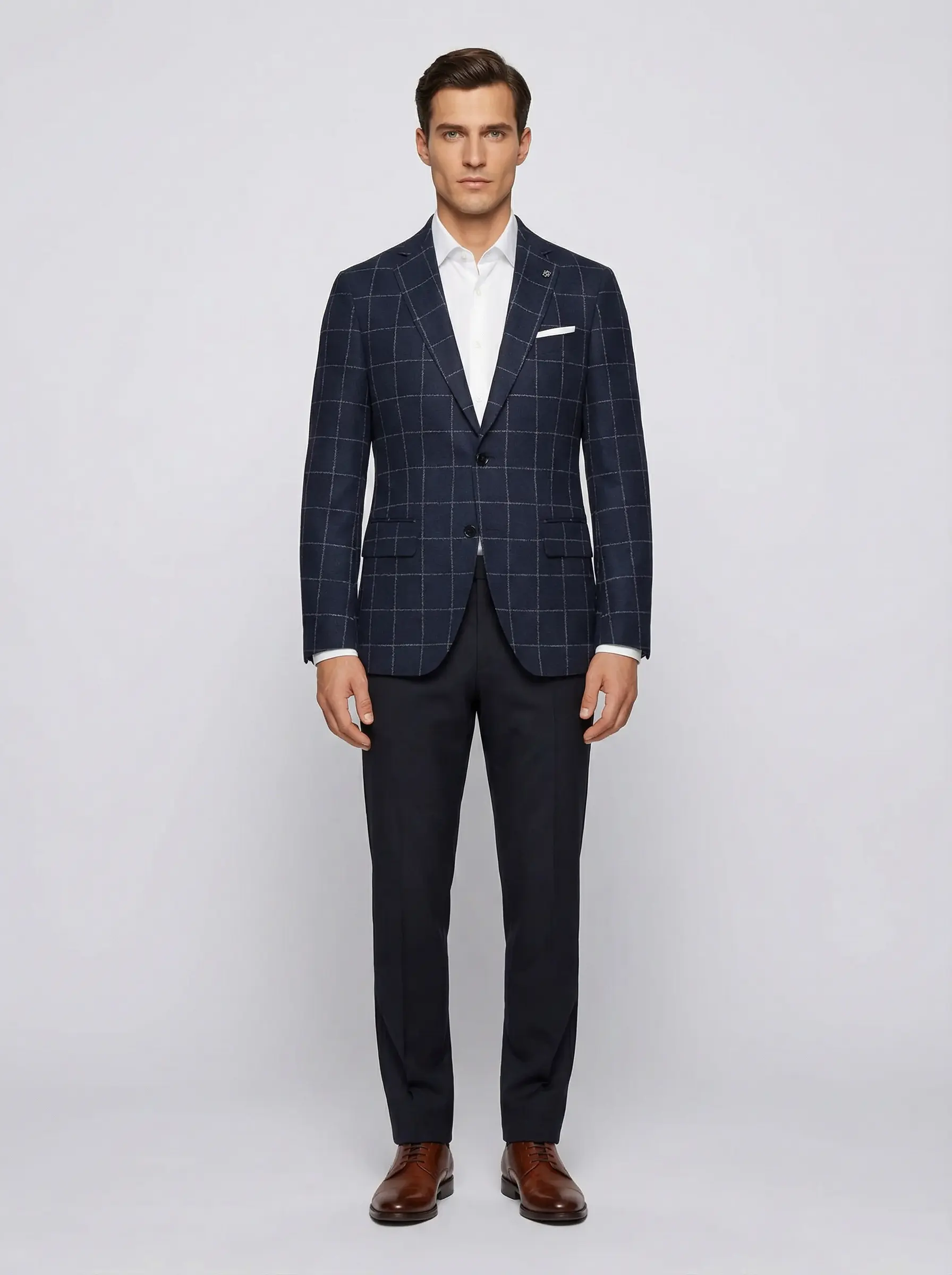 Virtual fashion model wearing a navy checked suit in a studio