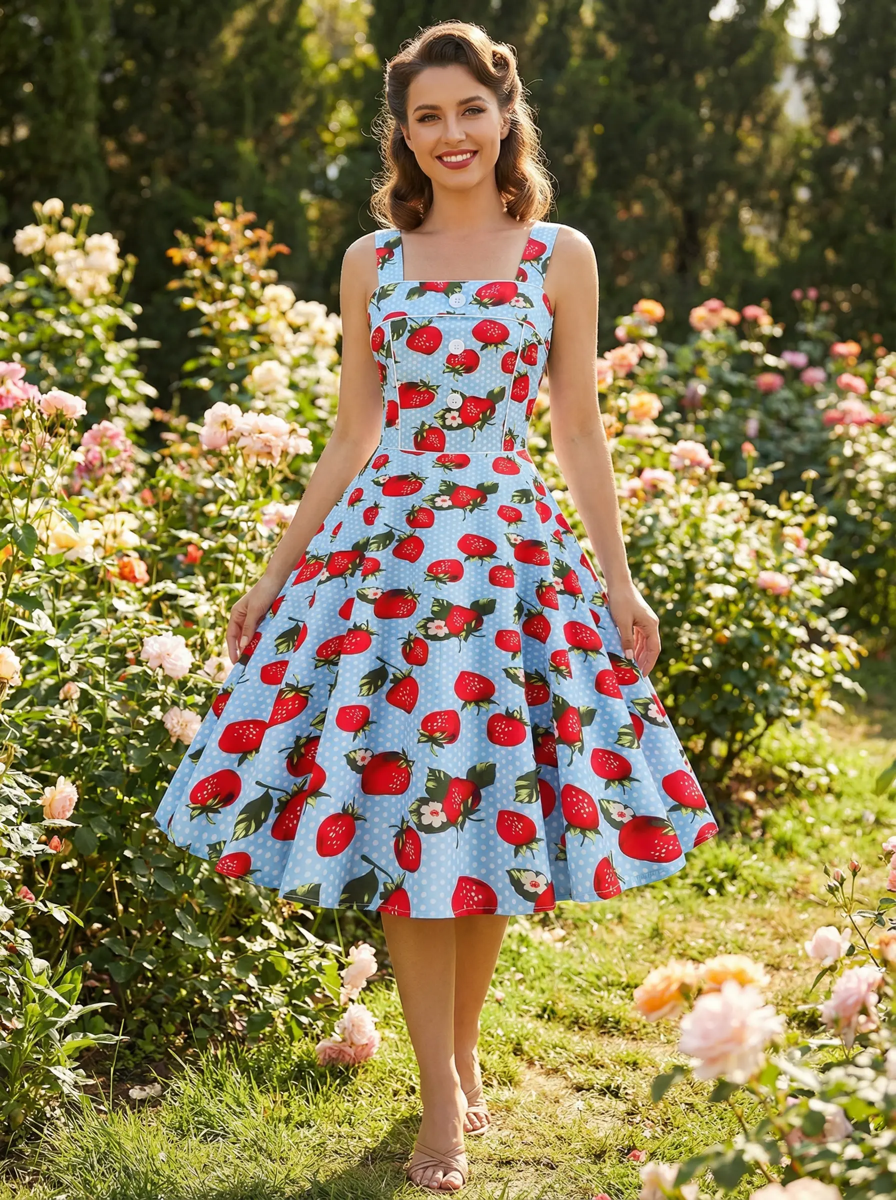 AI fashion model wearing a strawberry-print dress in a garden