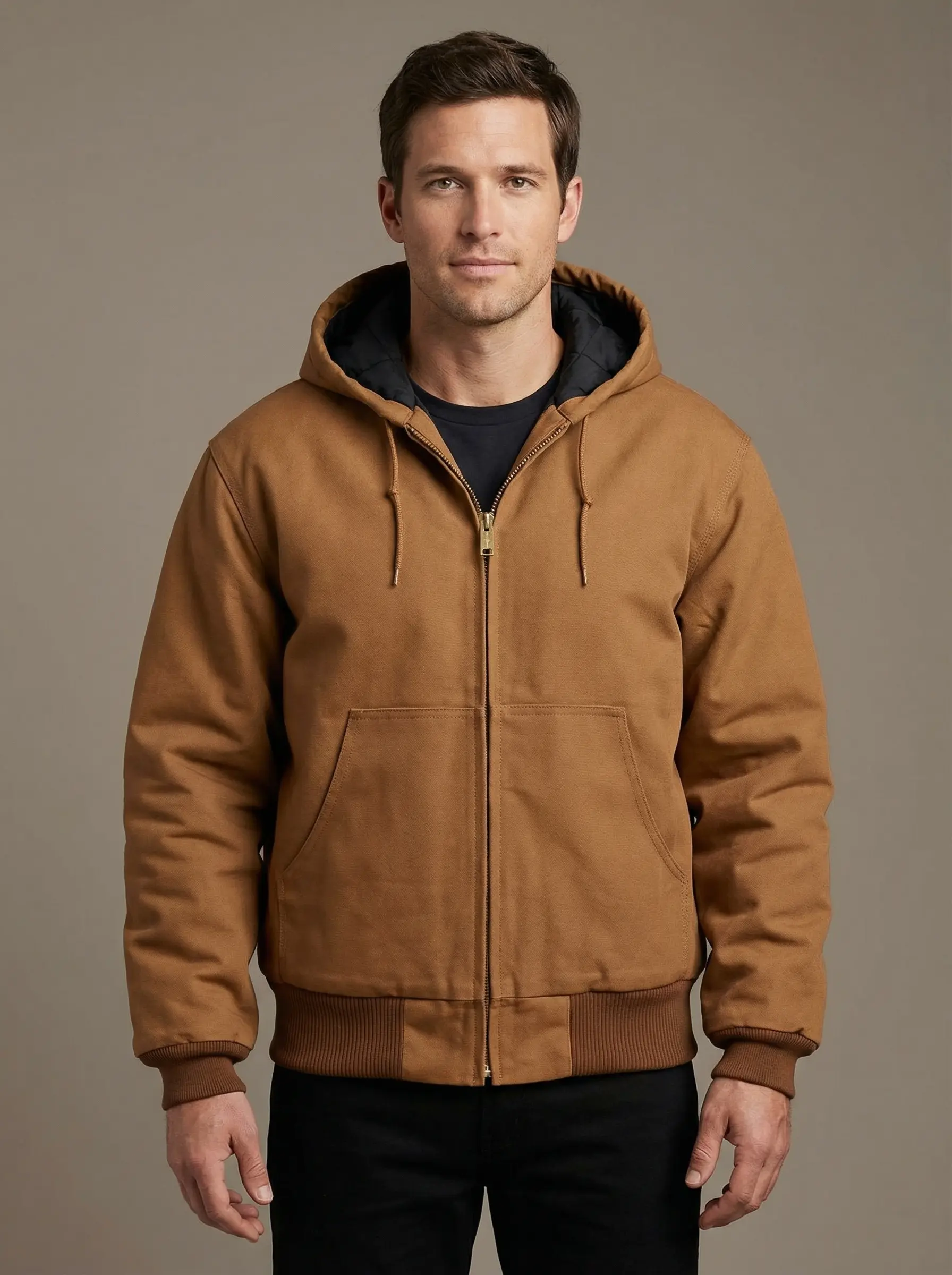 AI clothing model wearing a brown jacket against a warm studio background