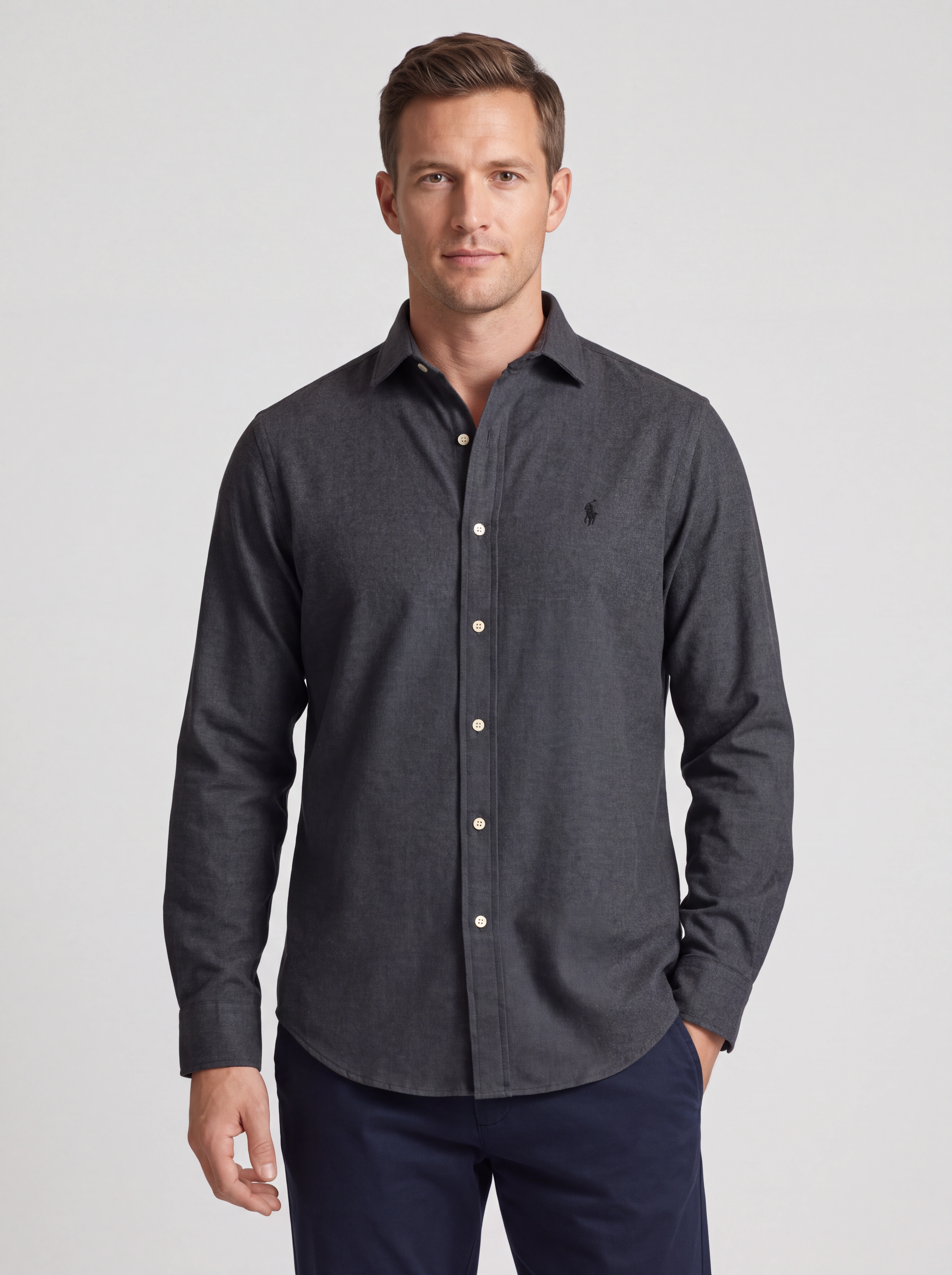 AI fashion model wearing the charcoal button-down shirt